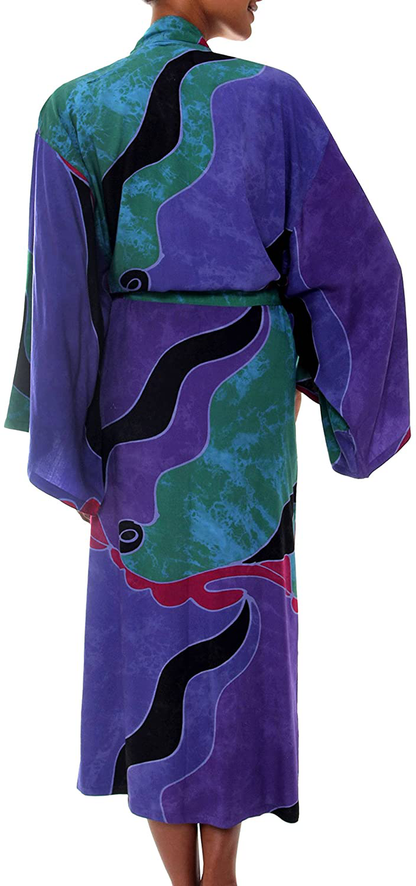 NOVICA Purple Women'S Batik Long Robe, 'Turquoise Ocean' (One Size Fits Most) Apparel & Accessories > Clothing > Sleepwear & Loungewear > Robes NOVICA   
