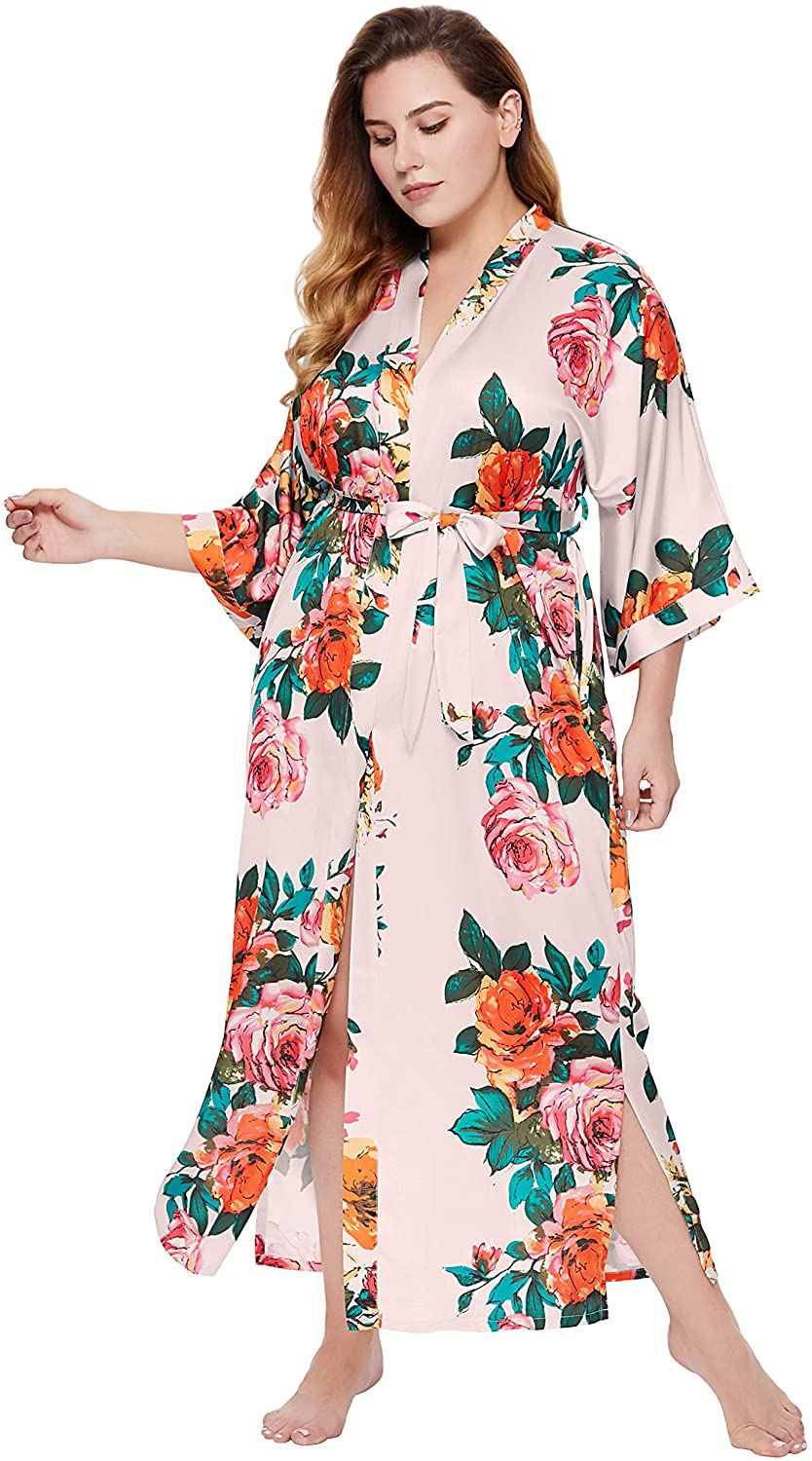 BABEYOND Kimono Robe plus Size Long Floral Satin Robes plus Size Kimono Cover up Loose Cardigan Top Bachelorette Party Robe Apparel & Accessories > Clothing > Sleepwear & Loungewear > Robes KYLIE MAX Pink  