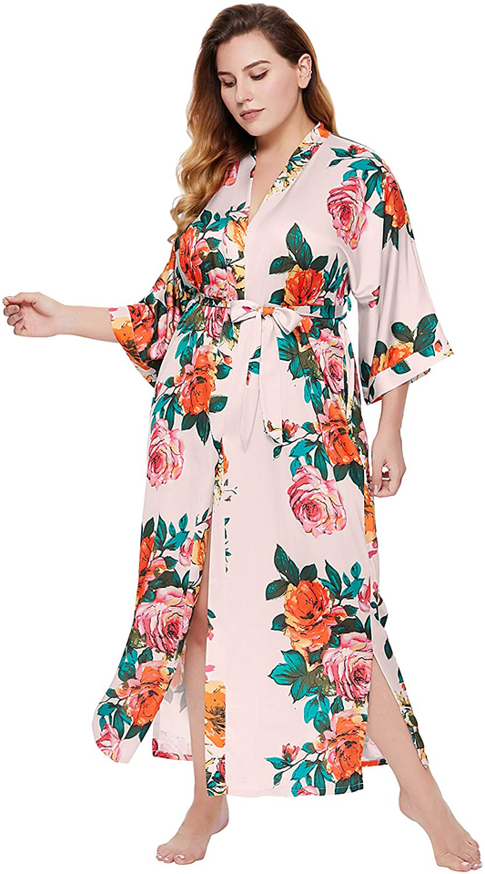 BABEYOND Kimono Robe plus Size Long Floral Satin Robes plus Size Kimono Cover up Loose Cardigan Top Bachelorette Party Robe Apparel & Accessories > Clothing > Sleepwear & Loungewear > Robes KYLIE MAX Pink  