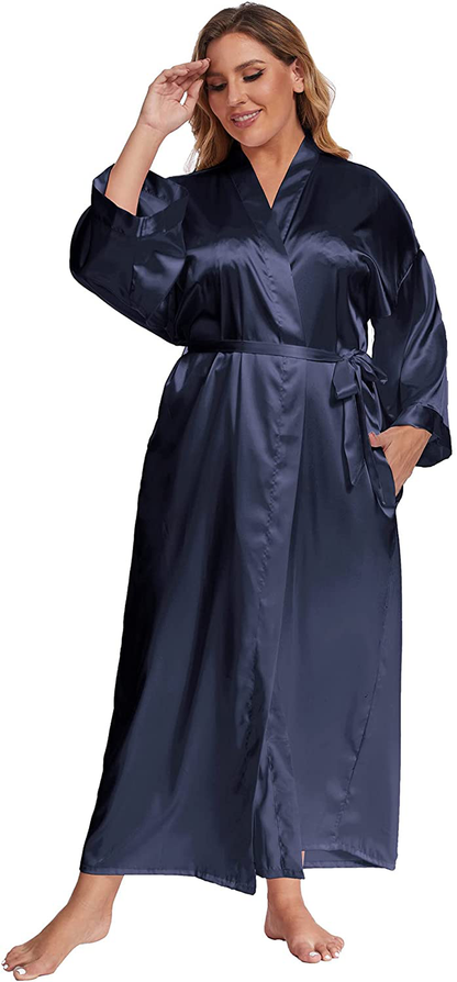 Feslieacc Women'S plus Size Long Satin Robes plus Size Long Silk Robes Kimonos Sleepwear Dressing Gown Apparel & Accessories > Clothing > Sleepwear & Loungewear > Robes feslieacc Navy XX-Large-3X-Large Plus 