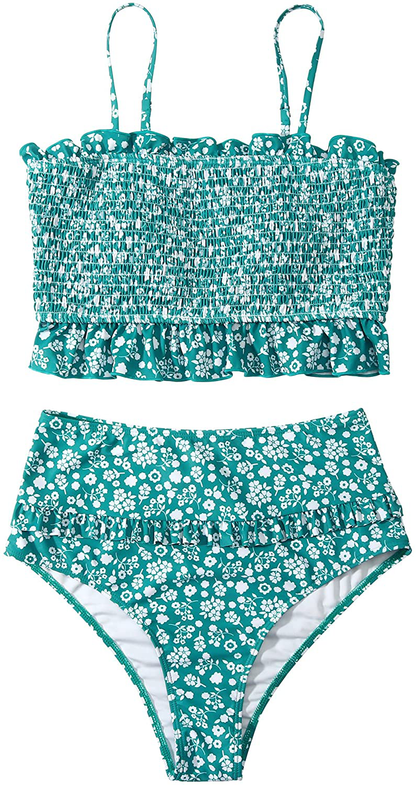 RXRXCOCO Womens Shirred Bandeau Bikini Cute Two Piece Swimsuit Off Shoulder High Waist Bathing Suit Apparel & Accessories > Clothing > Swimwear RXRXCOCO   