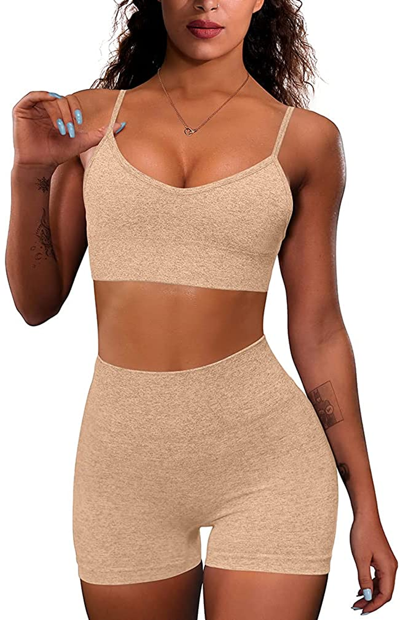 OQQ Yoga Outfit for Women Seamless 2 Piece Workout Gym High Waist Leggings with Sport Bra Set Apparel & Accessories > Clothing > Underwear & Socks > Lingerie HZSN A: Khaki Small 