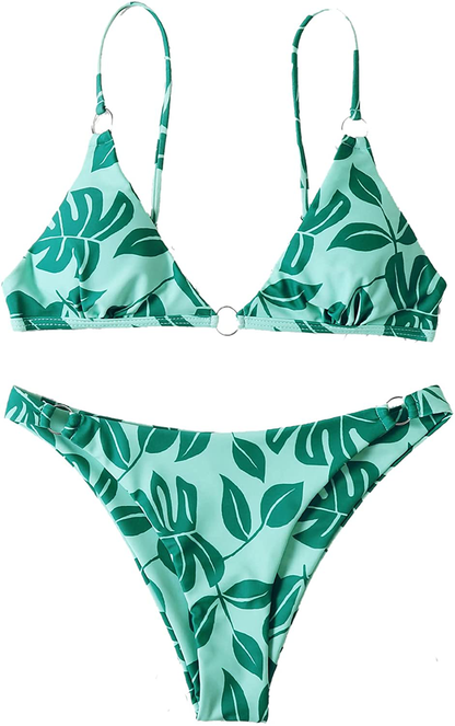SOLY HUX Women's Print Tie Back Triangle Bikini Bathing Suits 2 Piece Swimsuits Apparel & Accessories > Clothing > Swimwear KYLIE MAX Green Leaf Small 