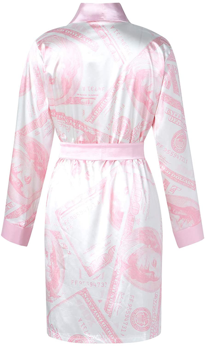 Women Money Print Silky Robes Long Sleeve Dollars Pattern Kimono Satin Robe Pjs Loungewear Sleepwear Apparel & Accessories > Clothing > Sleepwear & Loungewear > Robes Andannby   