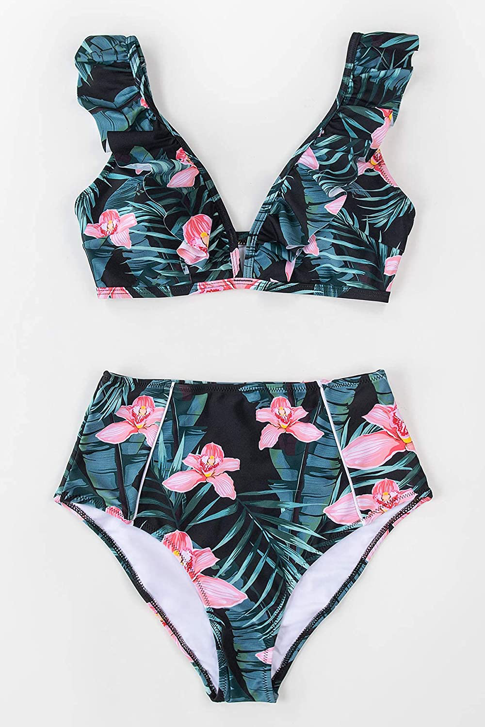 CUPSHE Women's High Waist Bikini Swimsuit Ruffle Floral Print Two Piece Bathing Suit Apparel & Accessories > Clothing > Swimwear CUPSHE   