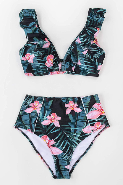 CUPSHE Women's High Waist Bikini Swimsuit Ruffle Floral Print Two Piece Bathing Suit Apparel & Accessories > Clothing > Swimwear CUPSHE   