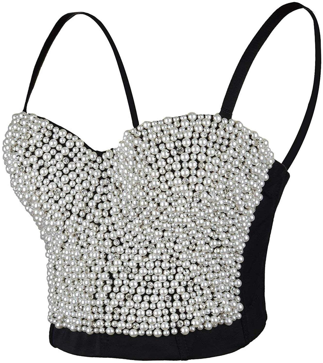 ELLACCI Sexy Pearls Beaded Rhinestone Bustier Crop Top Push up Corset Top with Detachable Straps Apparel & Accessories > Clothing > Underwear & Socks > Lingerie ELLACCI Medium  
