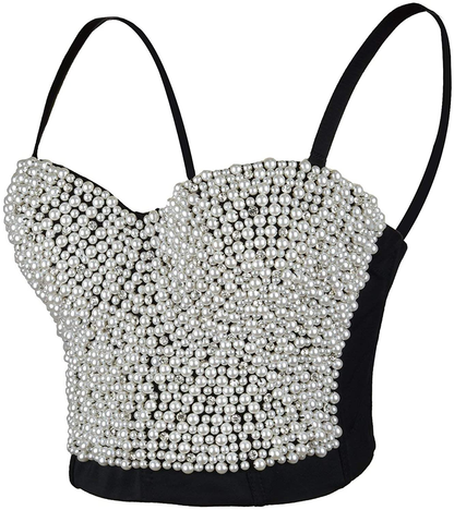 ELLACCI Sexy Pearls Beaded Rhinestone Bustier Crop Top Push up Corset Top with Detachable Straps Apparel & Accessories > Clothing > Underwear & Socks > Lingerie ELLACCI Medium  