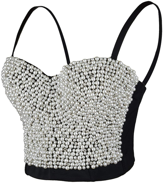 ELLACCI Sexy Pearls Beaded Rhinestone Bustier Crop Top Push up Corset Top with Detachable Straps Apparel & Accessories > Clothing > Underwear & Socks > Lingerie ELLACCI Medium  
