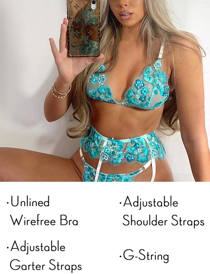Kaei&Shi Floral Embroidered Lace Sheer,Triangle Bralette,G-String,Garter Lingerie Set Apparel & Accessories > Clothing > Underwear & Socks > Lingerie Kaei&Shi   