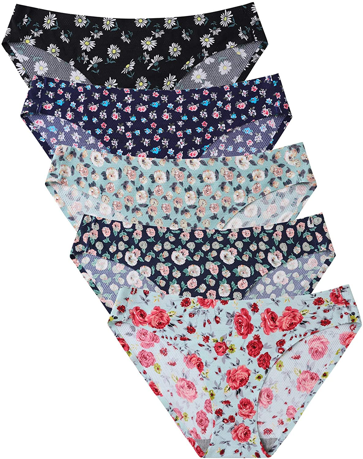 VOENXE Womens Seamless Underwear Breathable Stretch Bikini Panties Apparel & Accessories > Clothing > Underwear & Socks > Underwear voenxe A-5 Pack Floral Design X-Small 