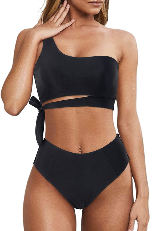MOOSLOVER Women One Shoulder High Waisted Bikini Tie High Cut Two Piece Swimsuits Apparel & Accessories > Clothing > Swimwear MOOSLOVER 1-black Large 