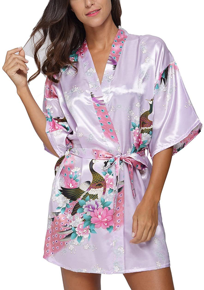Original Kimono Women'S Short Satin Kimono Robe Floral Peacock Patterned Bathrobe Silky Bridal Nightwear Apparel & Accessories > Clothing > Sleepwear & Loungewear > Robes Original Kimono Light Purple X-Large 