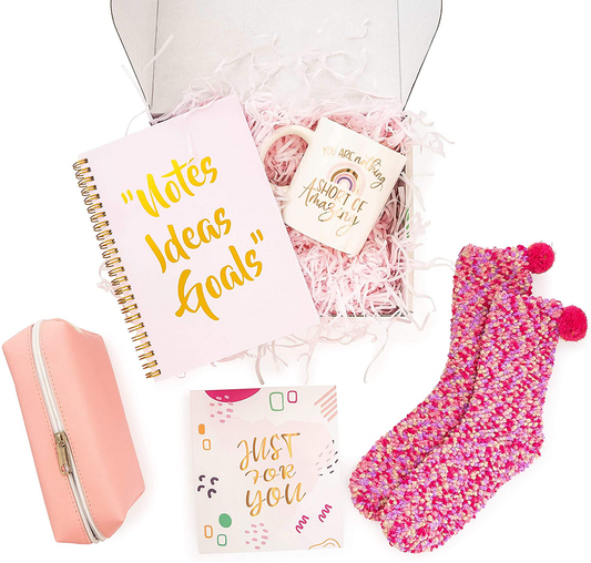 Inyma Birthday Gift Box for Women - Gifts for Friends Female - Best Gifts for Her - Deluxe Package of Coffee Mug, Cupcake Socks, Notebook Planner, Cosmetic Bag (Pink) Arts & Entertainment > Party & Celebration > Gift Giving INYMA   