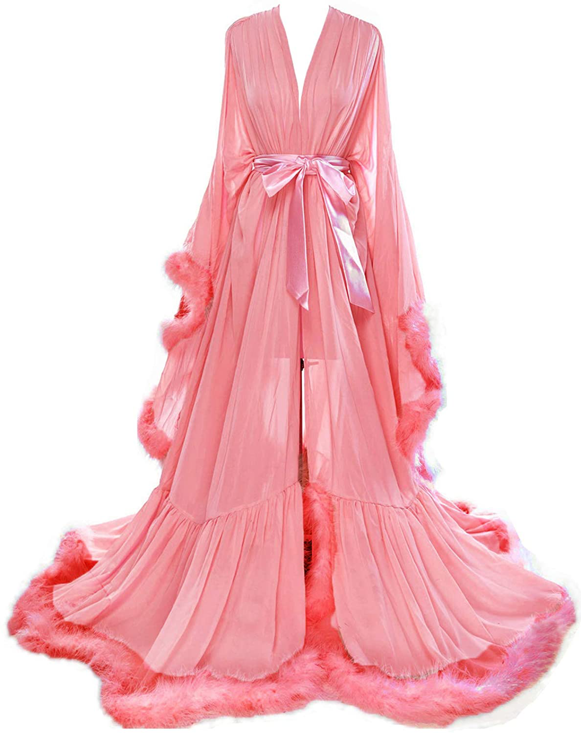 Molisa Women'S Sexy Feather Bridal Robe Long Wedding Scarf Illusion Bathrobe Sleepwear Lingerie Robe Nightgown Apparel & Accessories > Clothing > Sleepwear & Loungewear > Robes Molisa Coral XX-Large 