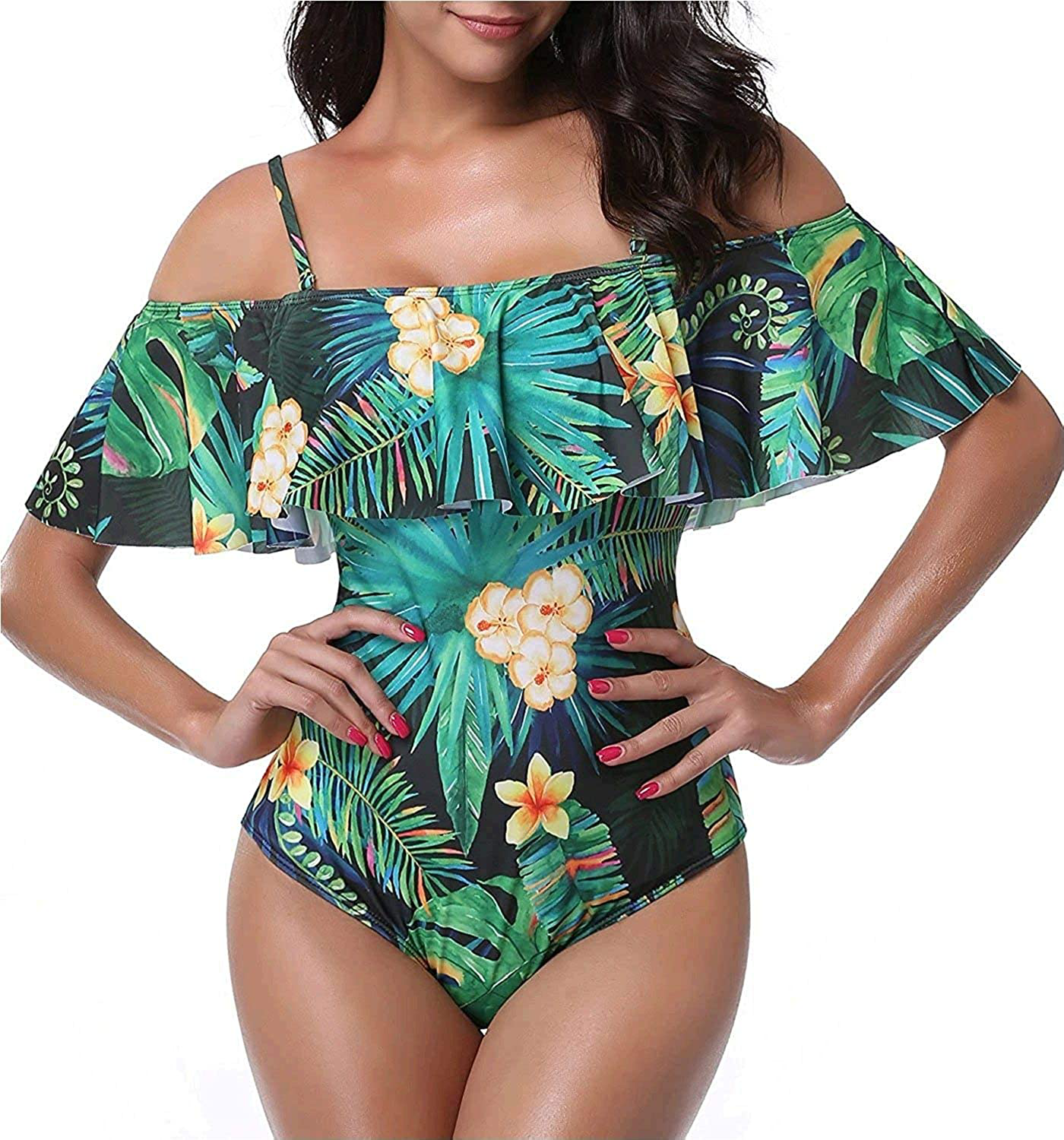 Women One Piece Bathing Suit Printed Shoulder Straps Ruched Swimwear Bikini S. Apparel & Accessories > Clothing > Swimwear Kylie Max   