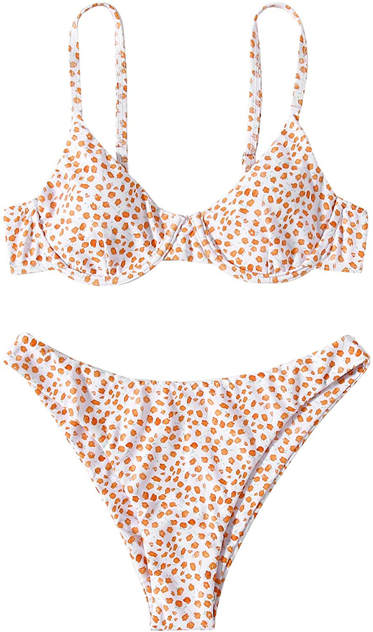 SweatyRocks Women's Sexy Bathing Suits Spaghetti Strap Floral Bikini Set Underwire Swimsuit Apparel & Accessories > Clothing > Swimwear SweatyRocks Floral White Orange X-Small 