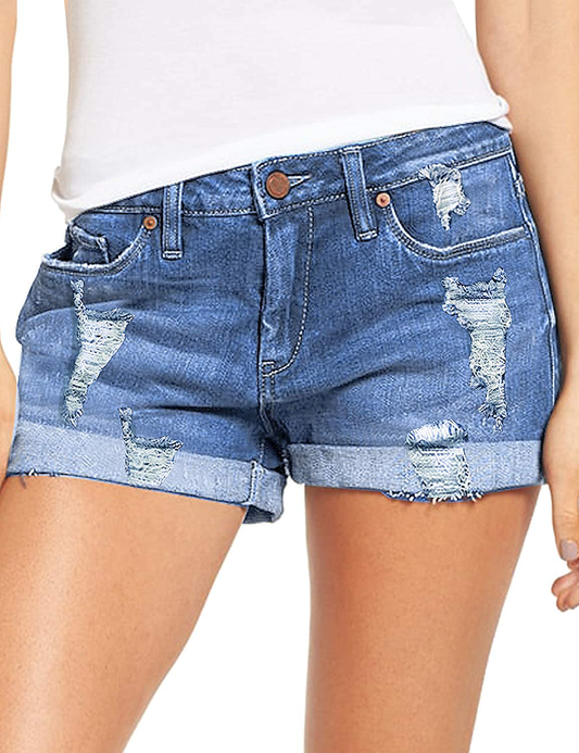 Luvamia Women'S Ripped Denim Jean Shorts High Waisted Stretchy Folded Hem Short Jeans Apparel & Accessories > Clothing > Shorts Kylie Max   