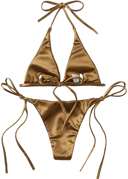 SOLY HUX Women'S Metallic Halter Top Two Piece Swimsuit Tie Side Triangle Bikini  Kylie Max   