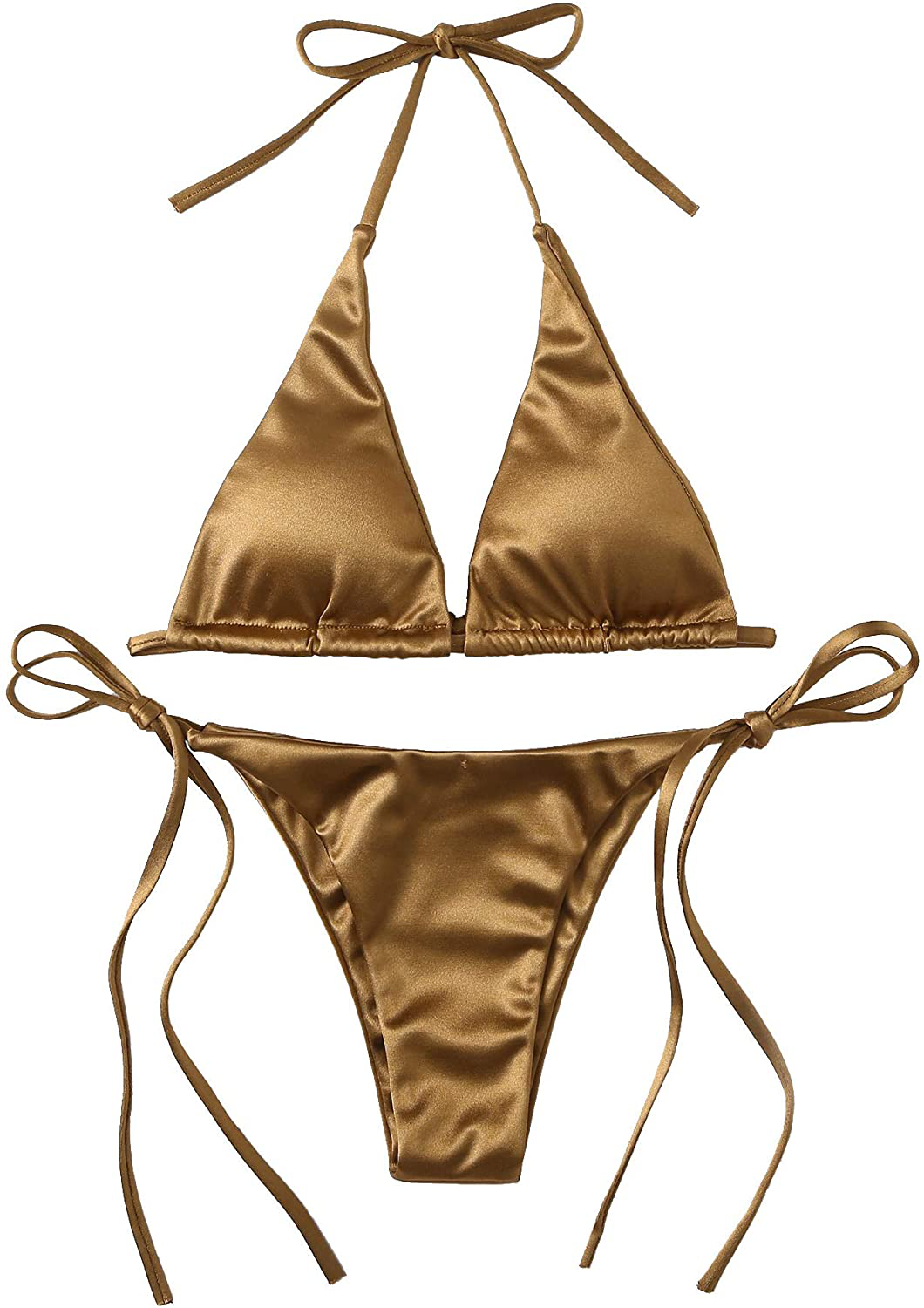 SOLY HUX Women'S Metallic Halter Top Two Piece Swimsuit Tie Side Triangle Bikini  Kylie Max Gold Large 