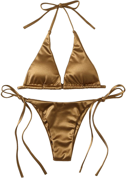SOLY HUX Women'S Metallic Halter Top Two Piece Swimsuit Tie Side Triangle Bikini  Kylie Max Gold Large 