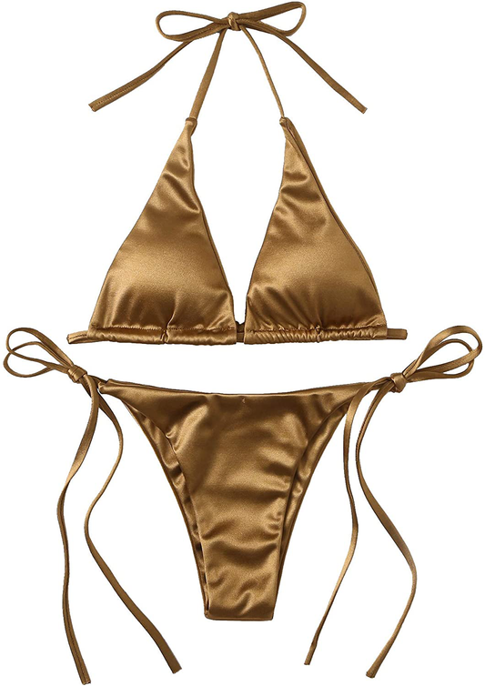 SOLY HUX Women'S Metallic Halter Top Two Piece Swimsuit Tie Side Triangle Bikini  Kylie Max Gold Large 