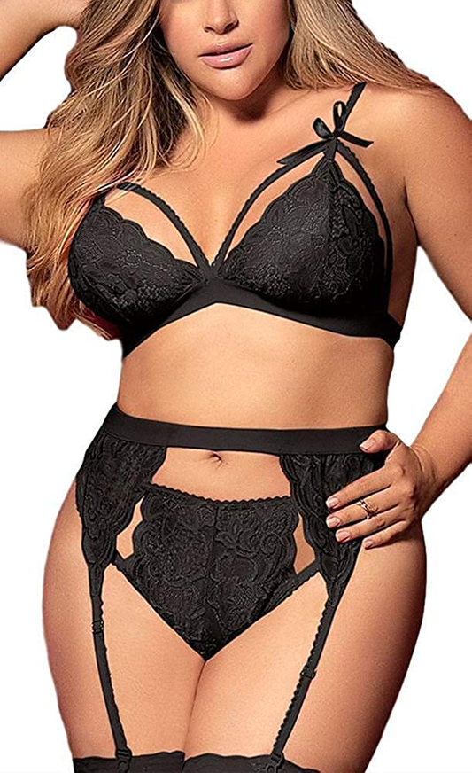 Women plus Size Lingerie Set with Garter Belt 3 Piece Sexy Strap Bra and Panty Lace Bodysuit Apparel & Accessories > Clothing > Underwear & Socks > Lingerie KYLIE MAX Black XX-Large 