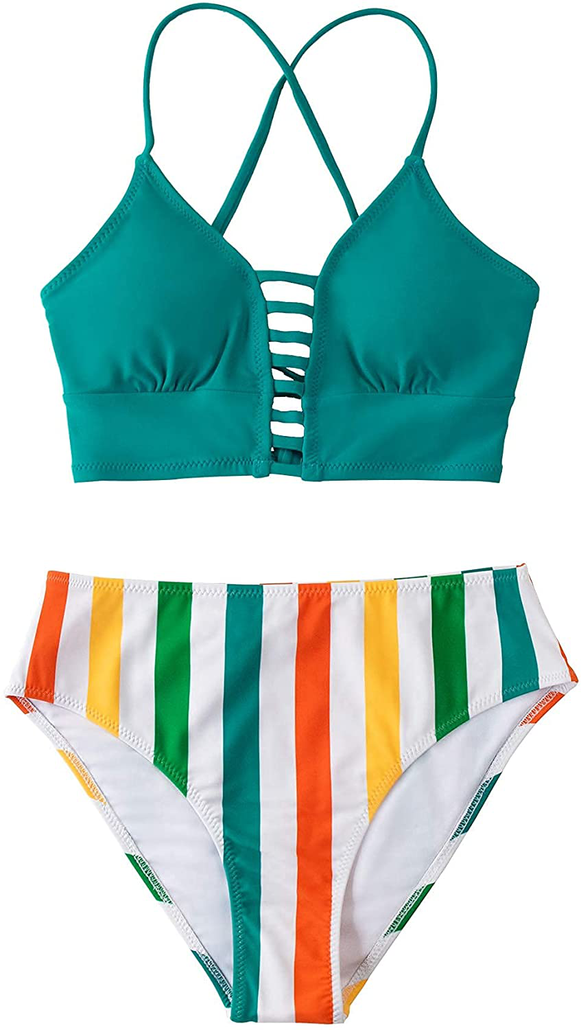 CUPSHE Women’s Bikini Swimsuit Floral Print Lace Up Multi Color Strappy Two Piece Bathing Suit Apparel & Accessories > Clothing > Swimwear KYLIE MAX Green/Stripe Medium 