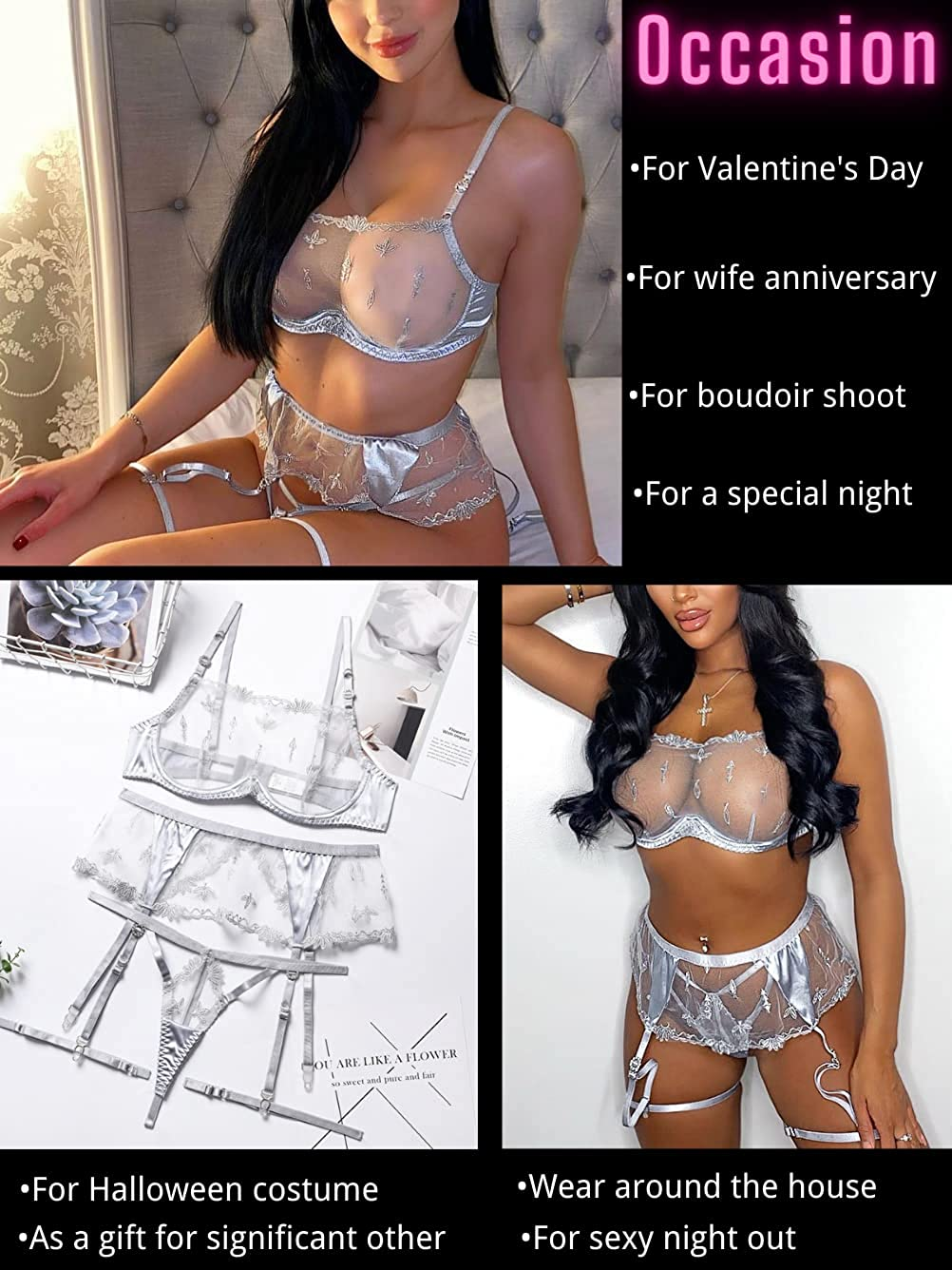 Kaei&Shi Satin Patchwork,Embroidered Underwire Tube Bra,G-String,4 Piece Garter Lingerie Apparel & Accessories > Clothing > Underwear & Socks > Lingerie Kaei&Shi   