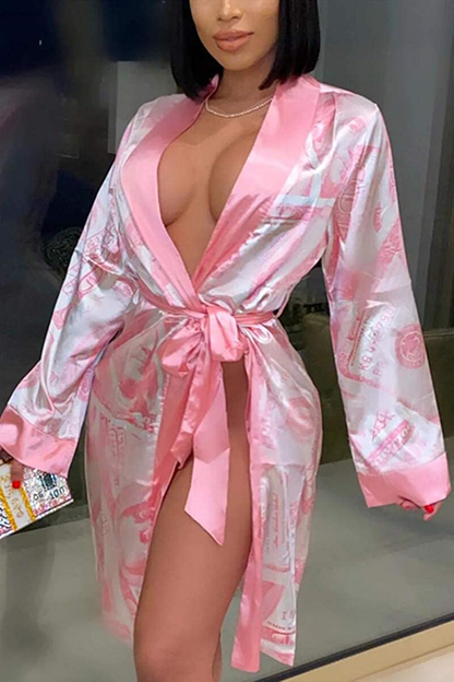 Women Money Print Silky Robes Long Sleeve Dollars Pattern Kimono Satin Robe Pjs Loungewear Sleepwear Apparel & Accessories > Clothing > Sleepwear & Loungewear > Robes Andannby   