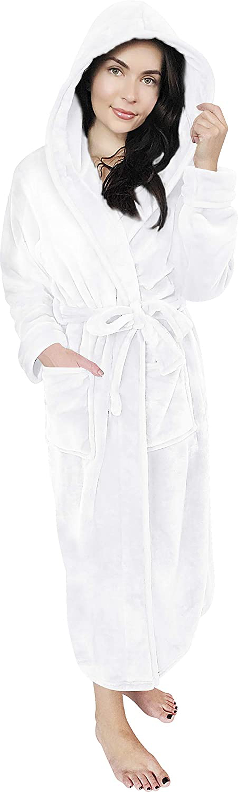 NY Threads Women Fleece Hooded Bathrobe - Plush Long Robe Apparel & Accessories > Clothing > Sleepwear & Loungewear > Robes NY Threads White Medium 