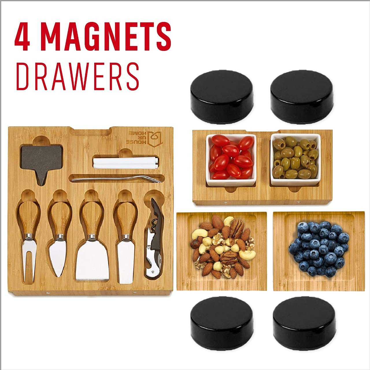 Cheese Board 2 Ceramic Bowls 2 Serving Plates. Magnetic 4 Drawers Bamboo Charcuterie Cutlery Knife Set, 2 Server Forks, Wine Opener, Labels, Markers, Gift for Birthdays, Wedding Registry,Housewarming Arts & Entertainment > Party & Celebration > Gift Giving House Ur Home   