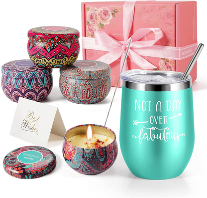 Birthday Gifts for Women - Insulated Wine Tumbler Rose Gold and Candles 4 Pack Gift Bath Set Gifts for Women - Stainless Steel Wine Tumbler with Lid - Best Relaxing Spa Gift Box Basket Present Arts & Entertainment > Party & Celebration > Gift Giving TODAYEER Green  
