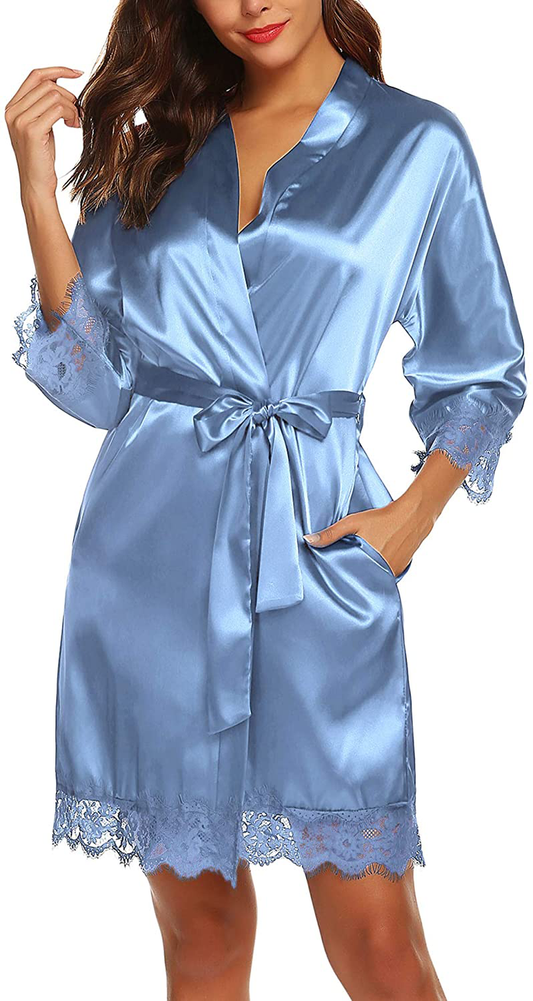 URRU Women'S Satin Silk Bathrobe Oblique V-Neck Short Kimono Robe Bridesmaids Robe S-XXXL Apparel & Accessories > Clothing > Sleepwear & Loungewear > Robes KYLIE MAX   