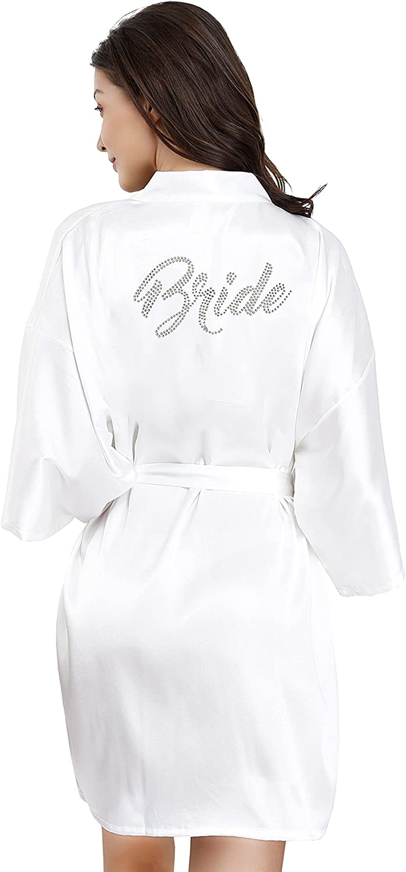 EPLAZA Women'S One Size Silver Rhinestones Bride Bridesmaid Short Satin Robes for Wedding Party Getting Ready Apparel & Accessories > Clothing > Sleepwear & Loungewear > Robes Kylie Max   