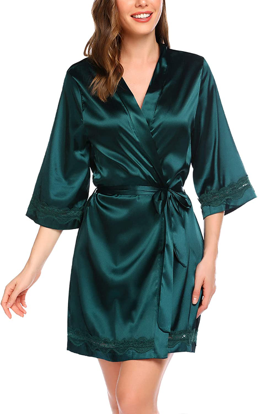 Ekouaer Women'S Lace-Trim Kimono Style Short Satin Robe Sleepwear with 3/4 Sleeve Apparel & Accessories > Clothing > Sleepwear & Loungewear > Robes Kylie Max   