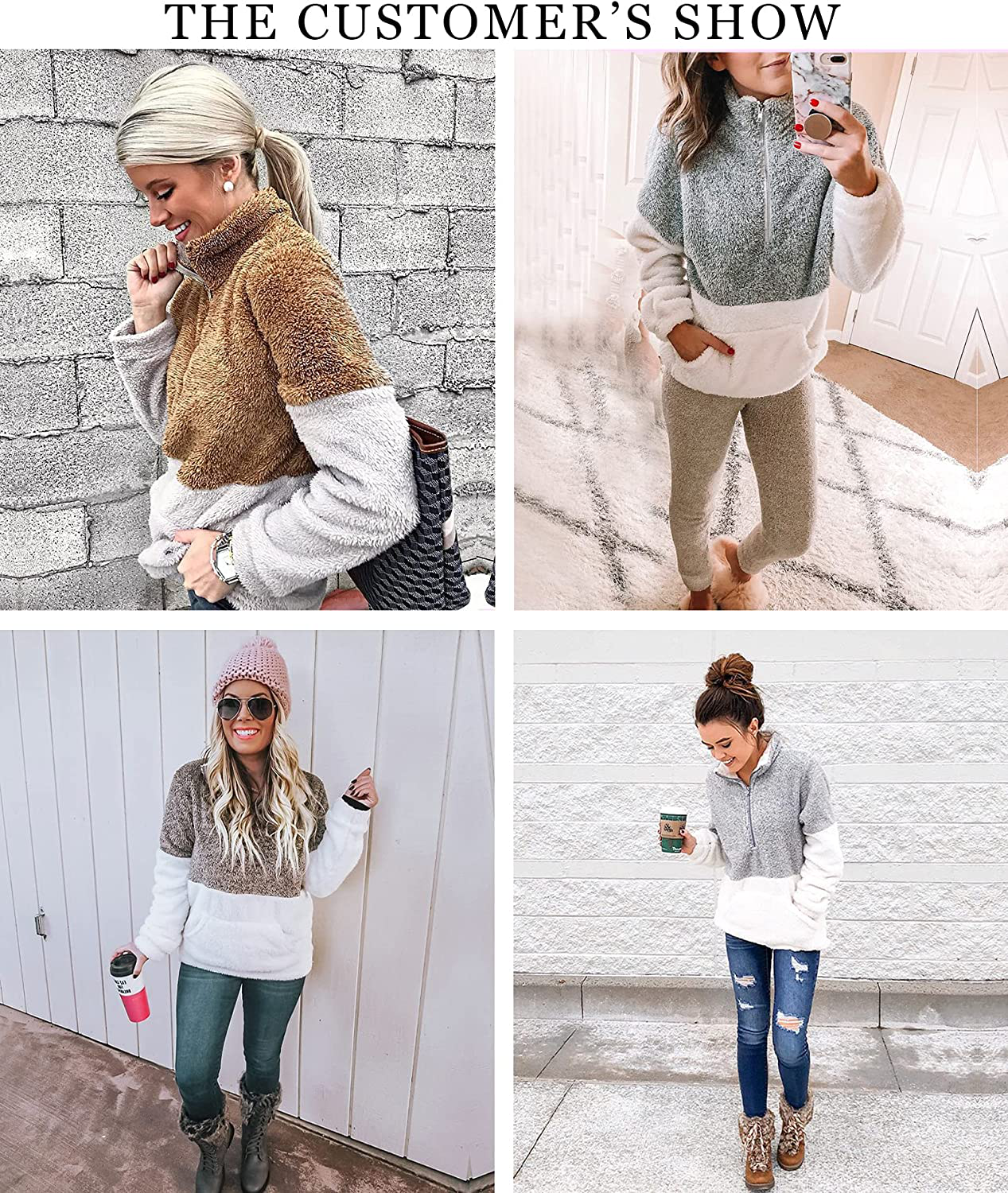 BTFBM Women Sherpa Pullover Quarter Zip Long Sleeve Fluffy Soft Fleece Jackets Sweaters Sweatshirts Hoodies Outwear Coat Apparel & Accessories > Clothing > Activewear Kylie Max   