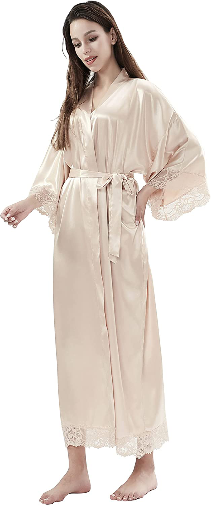 Asvioya Lace Kimono Robe for Women, Silk Robe, Satin Long Robe for Wedding, Night Gown for Ladies Women Bridal Loung Apparel & Accessories > Clothing > Sleepwear & Loungewear > Robes Asvioya Champagne  