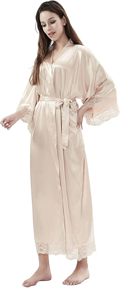 Asvioya Lace Kimono Robe for Women, Silk Robe, Satin Long Robe for Wedding, Night Gown for Ladies Women Bridal Loung Apparel & Accessories > Clothing > Sleepwear & Loungewear > Robes Asvioya Champagne  