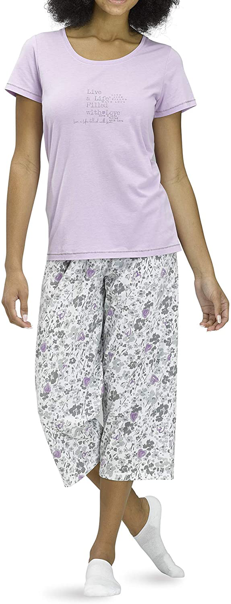 Hue Printed Knit Short Sleeve Tee and Capri 2 Piece Pajama Set Sleepwear Apparel & Accessories > Clothing > Sleepwear & Loungewear > Pajamas HUE Orchid Bloom - Filled With Love Large 