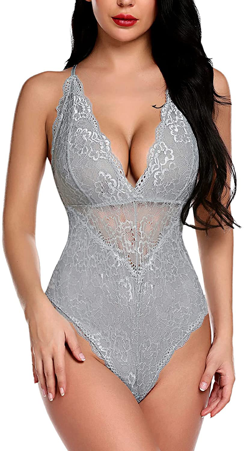 Avidlove Women Snap Crotch Lingerie Sexy Lace Bodysuit Deep V Teddy One Piece Lace Babydoll Apparel & Accessories > Clothing > Underwear & Socks > Lingerie Avidlove Gray-(with Snap Crotch) Medium 