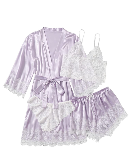 WDIRARA Women'S 4 Pieces Satin Floral Lace Cami Top Lingerie Pajama Set with Robe Apparel & Accessories > Clothing > Underwear & Socks > Lingerie WDIRARA Light Purple X-Small 