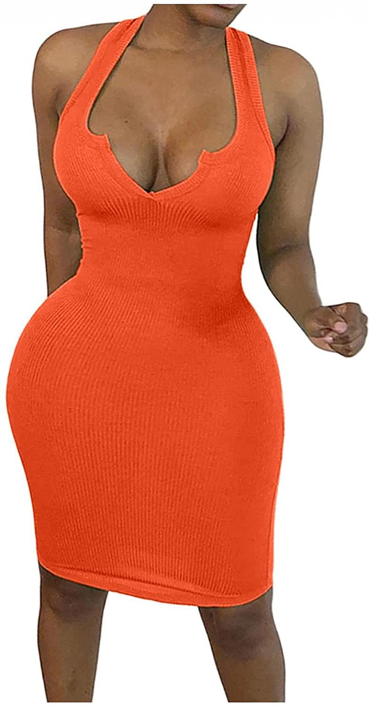 Burband Womens Ribbed V Neck Sleeveless Tank Dresses Basic Bodycon Mini Dress Solid Scoop Neck Summer Tank Shirt Dresses Apparel & Accessories > Clothing > Underwear & Socks > Shapewear Burband Orange Small 