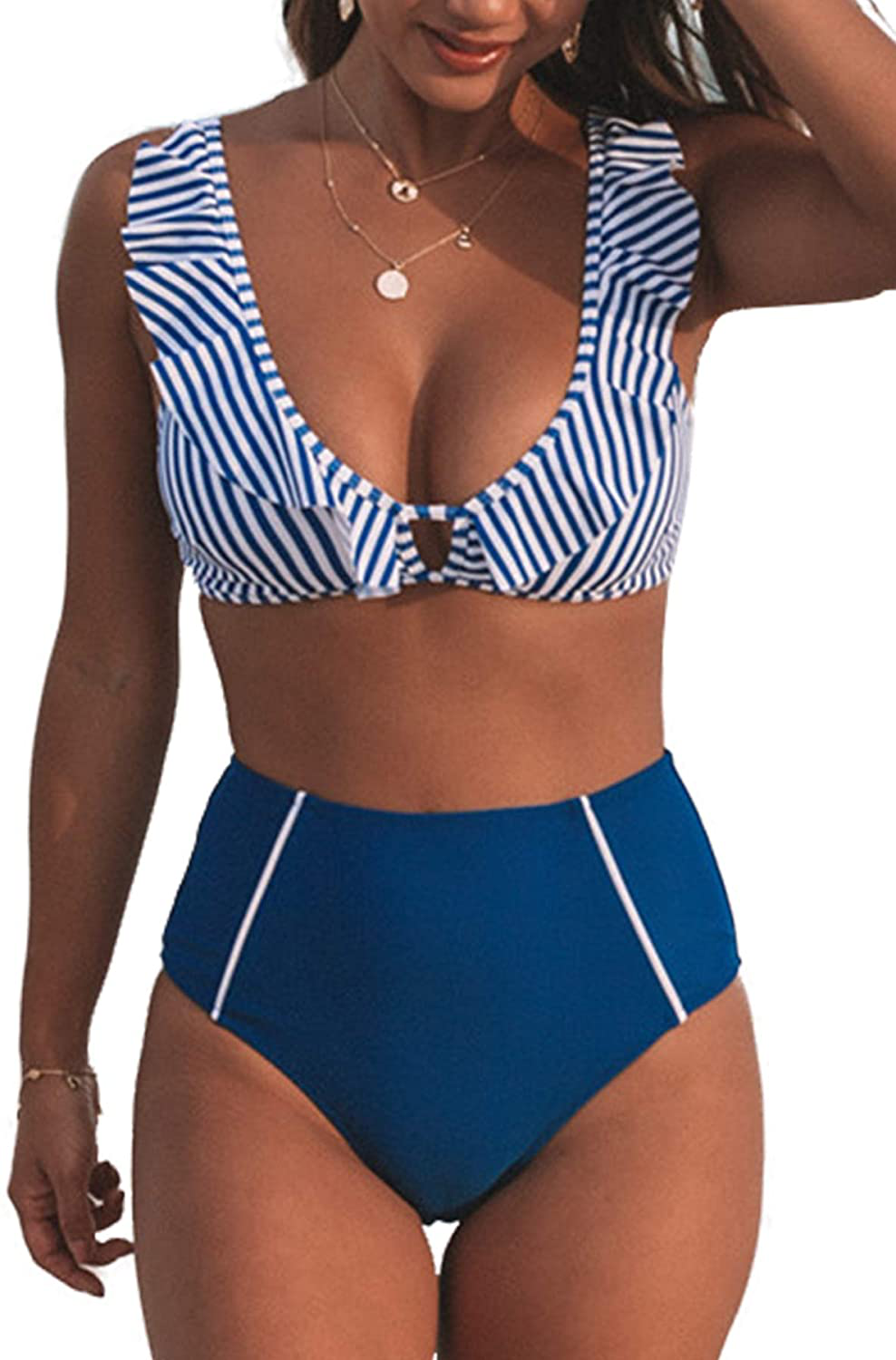 CUPSHE Women's High Waist Bikini Swimsuit Ruffle Floral Print Two Piece Bathing Suit Apparel & Accessories > Clothing > Swimwear CUPSHE Blue X-Large 