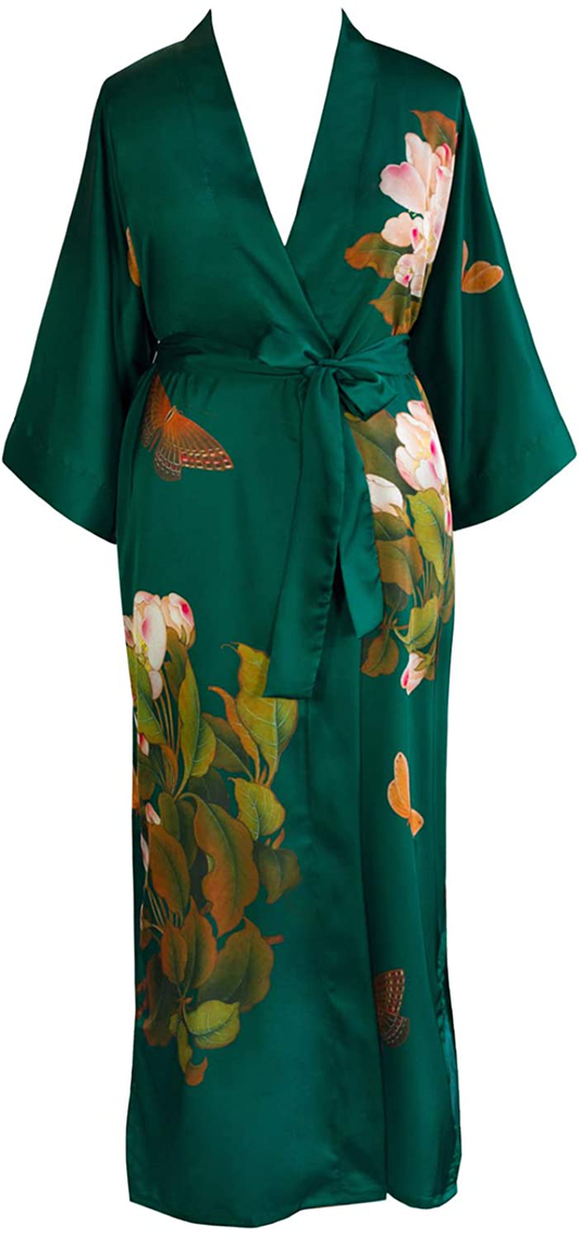 KIM+ONO Women'S plus Size Charmeuse Kimono Robe Long - Watercolor Floral Apparel & Accessories > Clothing > Sleepwear & Loungewear > Robes KIM+ONO Peony & Butterfly - Emerald  