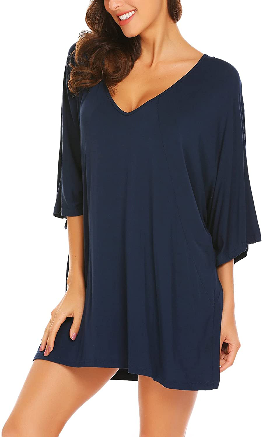 Ekouaer Women'S Sleepshirt Deep V Neck Nightgown Batwing Nightshirt Oversized Sleepwear Loungewear plus Size Apparel & Accessories > Clothing > Sleepwear & Loungewear > Nightgowns Kylie Max   