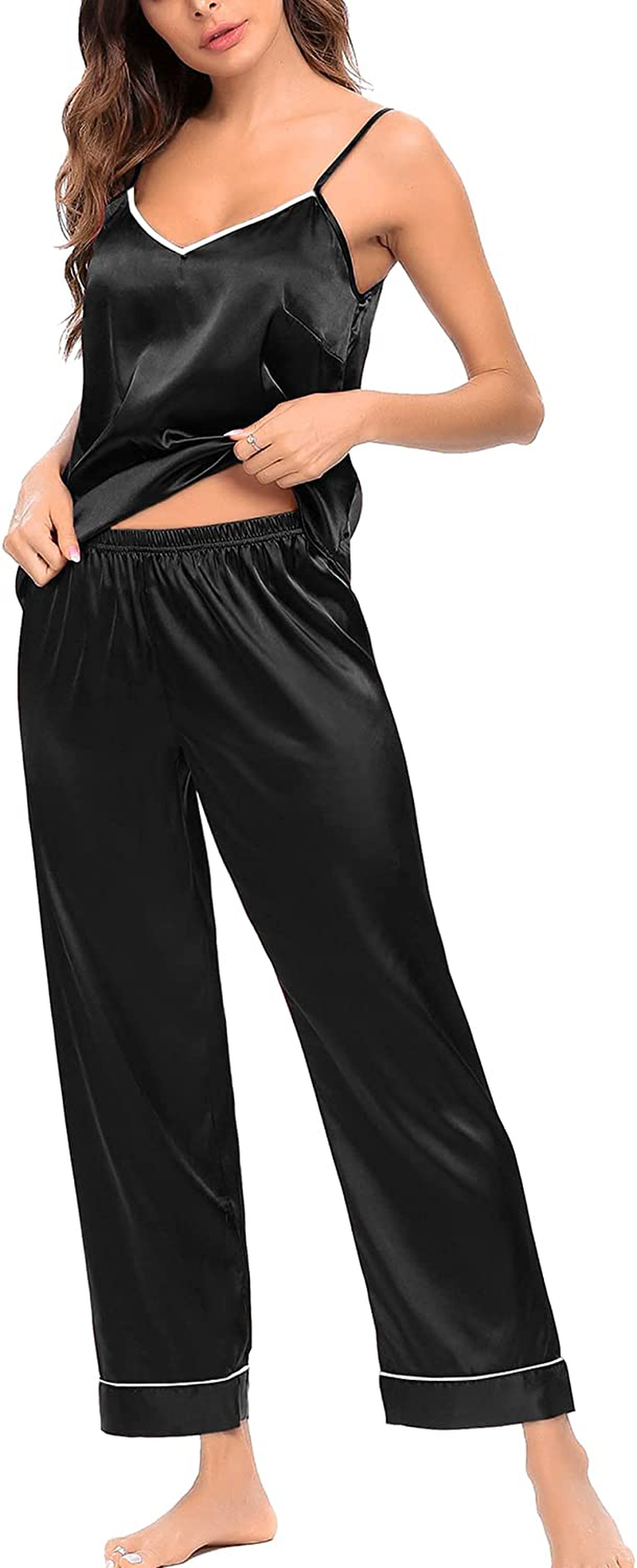 SWOMOG Womens Silk Satin Pajamas Set Two-Piece Pj Sets Cami Top and Capris Pants Sleepwear Apparel & Accessories > Clothing > Sleepwear & Loungewear Kylie Max   
