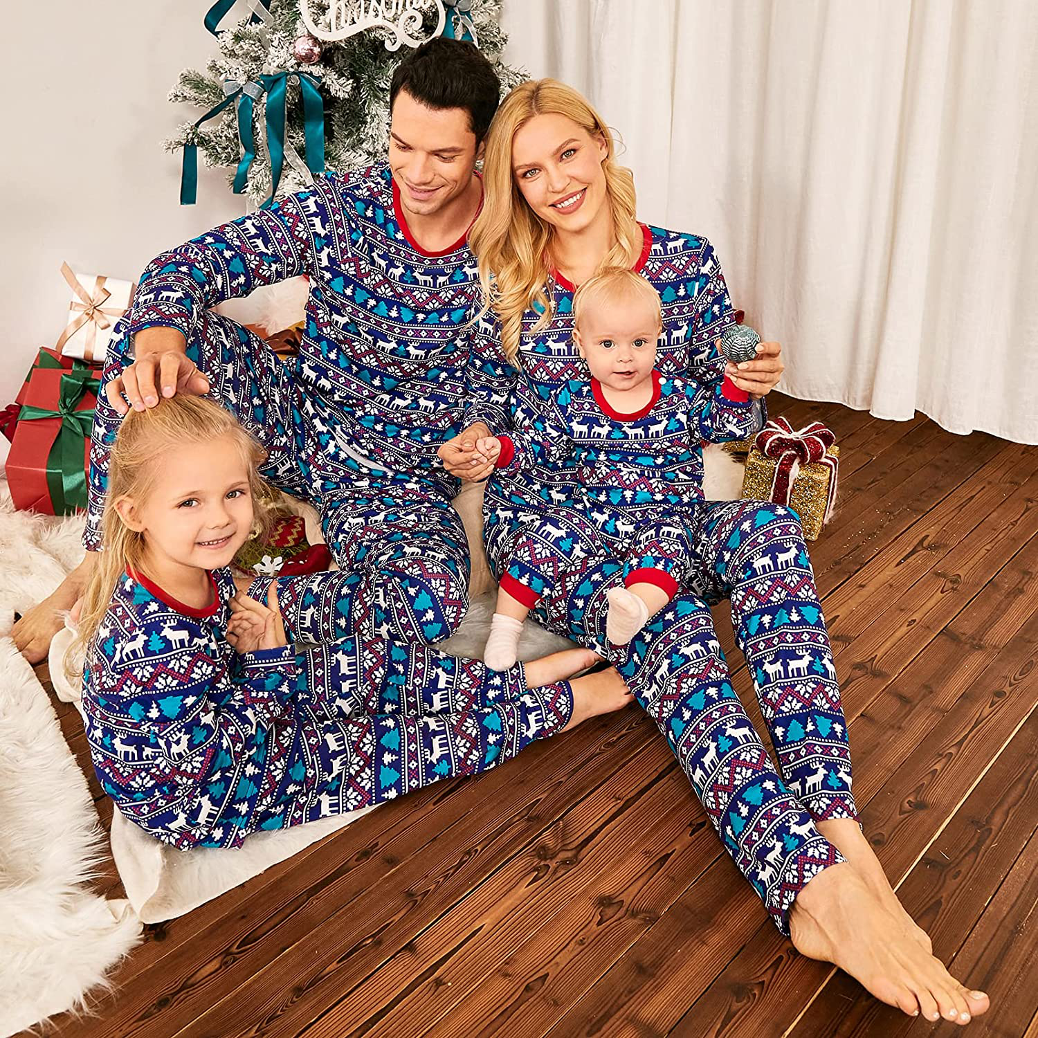 Family Christmas Pjs Matching Sets Christmas Pajamas Red Santa'S Deer Top and Black Pants Long Sleeve Sleepwear Apparel & Accessories > Clothing > Sleepwear & Loungewear > Pajamas Kylie Max   