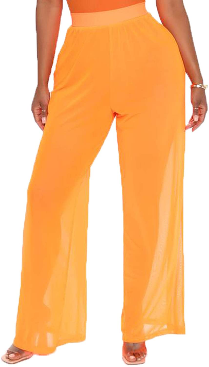Awoscut Women See through Sheer Mesh Pants Beach Swimsuit Bikini Bottom Cover up Party Club Elastic High Waist Wide Leg Pants Apparel & Accessories > Clothing > Swimwear Kylie Max   