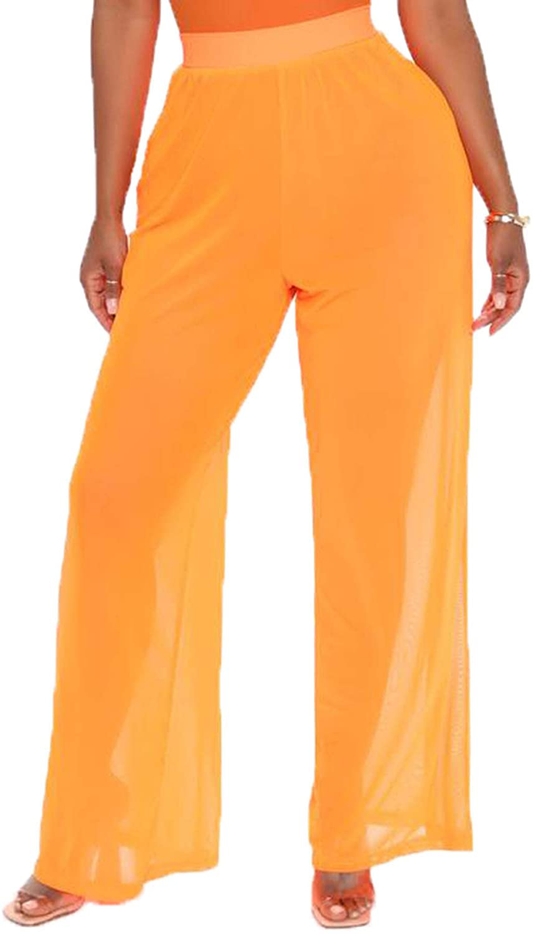 Awoscut Women See through Sheer Mesh Pants Beach Swimsuit Bikini Bottom Cover up Party Club Elastic High Waist Wide Leg Pants Apparel & Accessories > Clothing > Swimwear Kylie Max   